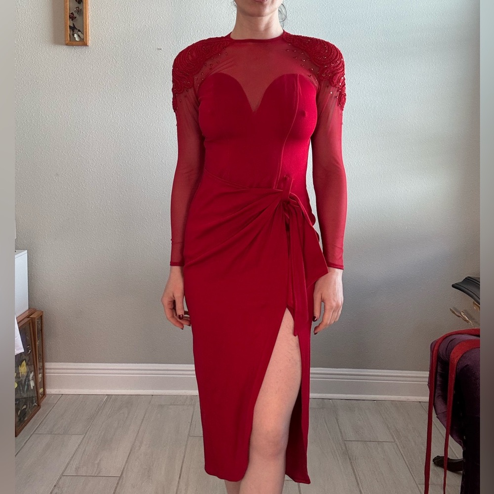 Glamorous vintage red holiday dress. Rhinestones. Mesh. Midi. Front slit.